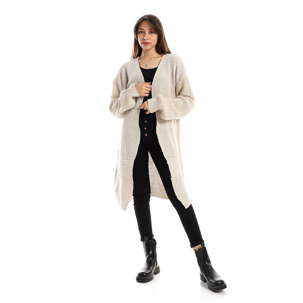Bi-Patterned Slip On Oat Knitted Cardigan