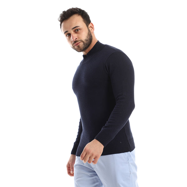 Hips Length Slip On Regular Fit Knitted Navy Blue Pullover
