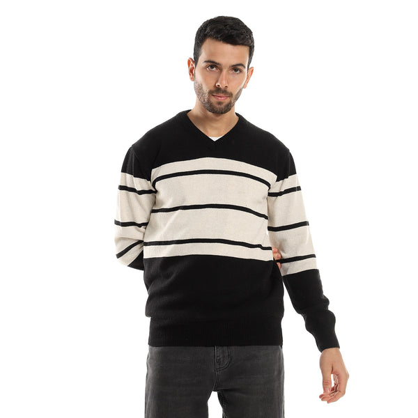 Bi-Tone Striped Slip On Winter Pullover - Black & Beige