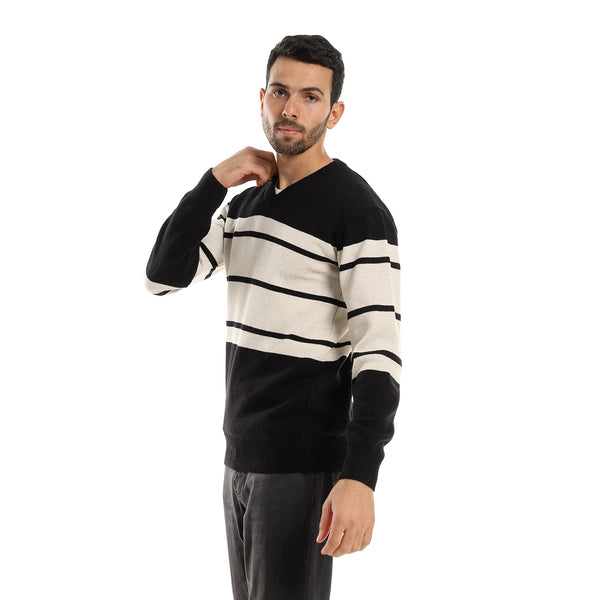 Bi-Tone Striped Slip On Winter Pullover - Black & Beige