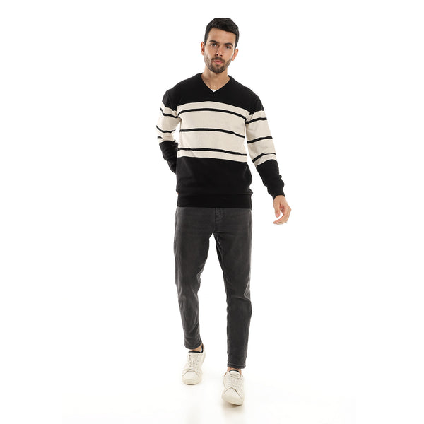 Bi-Tone Striped Slip On Winter Pullover - Black & Beige