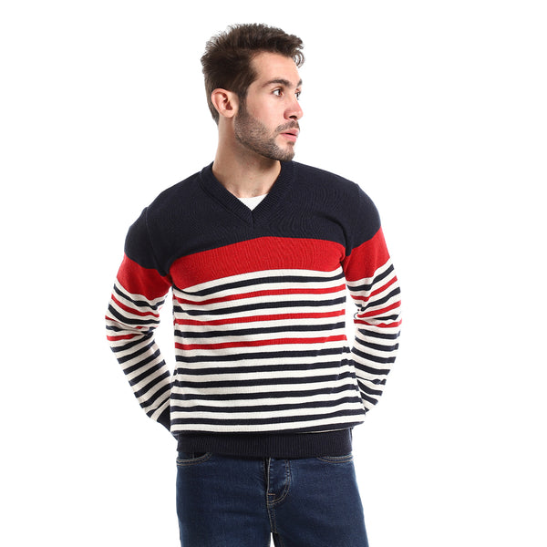 Navy Blue, Red & White Slip On Striped Regular Fit Pullover