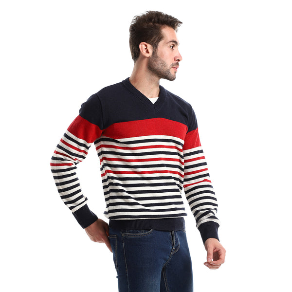 Navy Blue, Red & White Slip On Striped Regular Fit Pullover