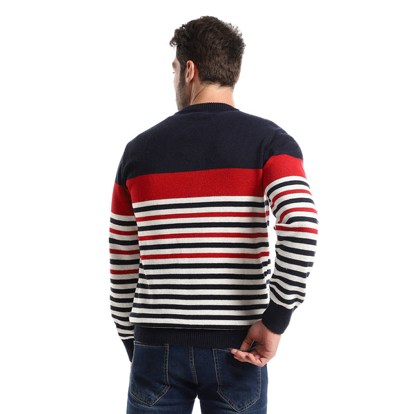 Navy Blue, Red & White Slip On Striped Regular Fit Pullover