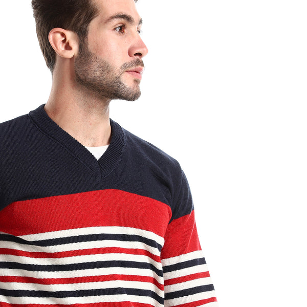 Navy Blue, Red & White Slip On Striped Regular Fit Pullover