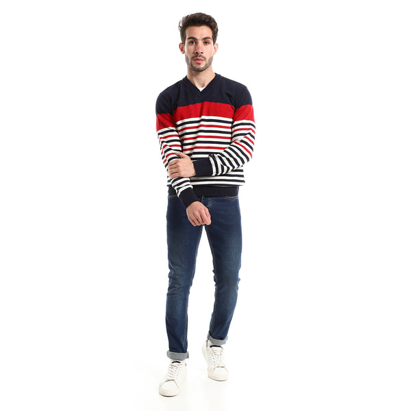 Navy Blue, Red & White Slip On Striped Regular Fit Pullover