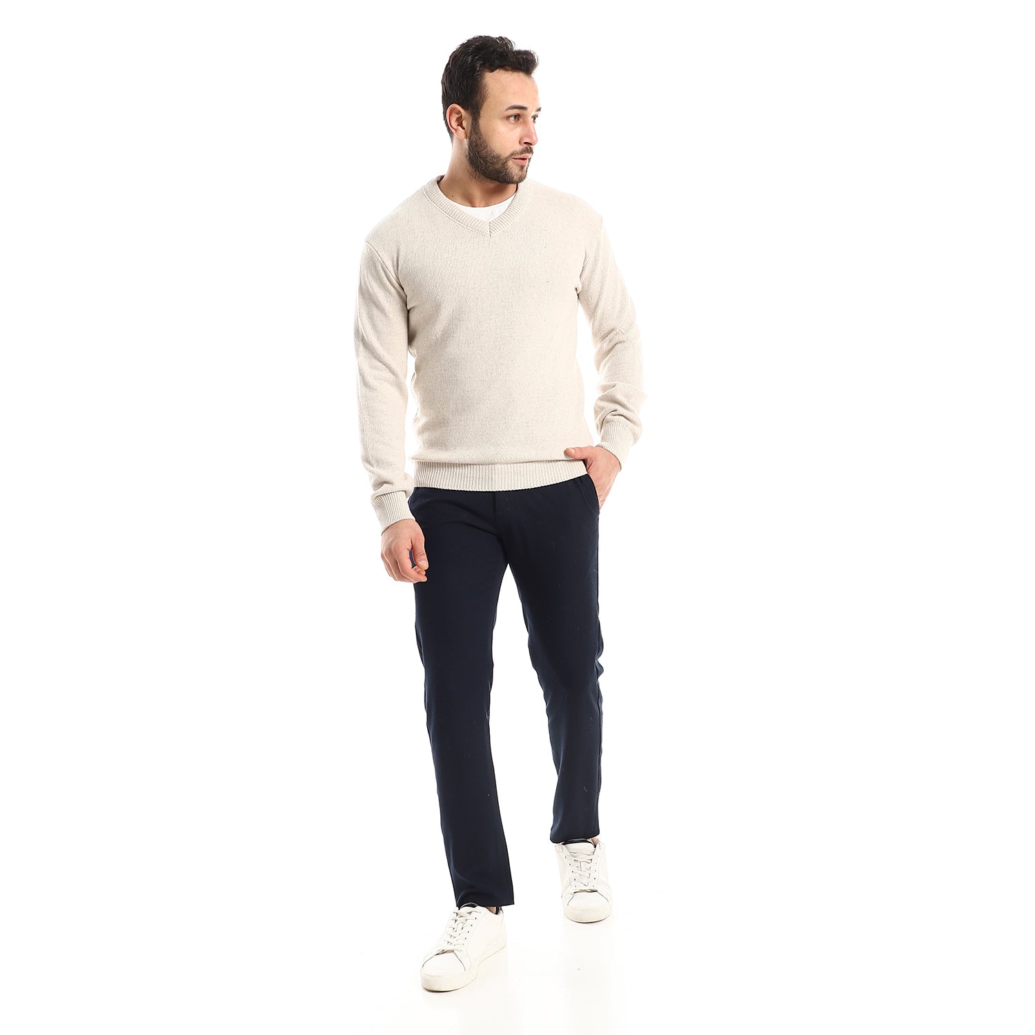 Andoraeg v-neck_knitted_heather_light_beige_pullover – Andora