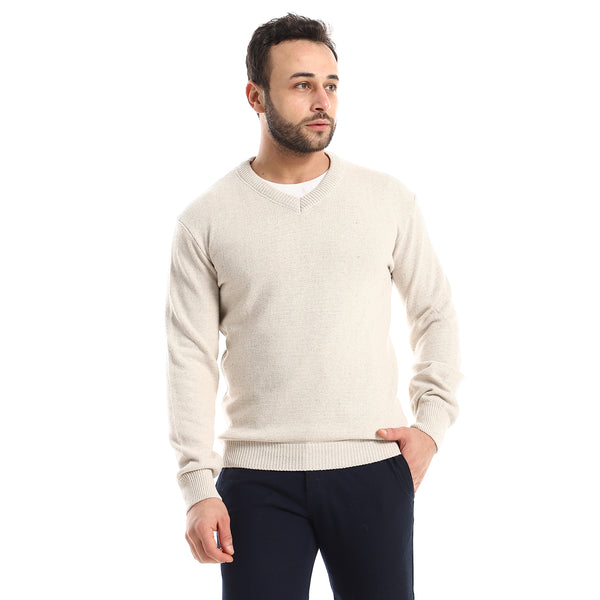 V-Neck Knitted Heather Light Beige Pullover