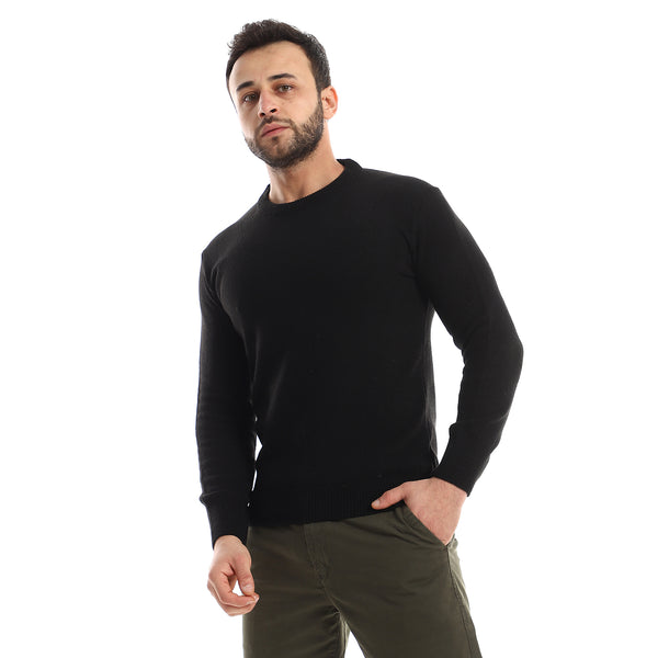 Long Sleeves Plain Black Knitted Pullover