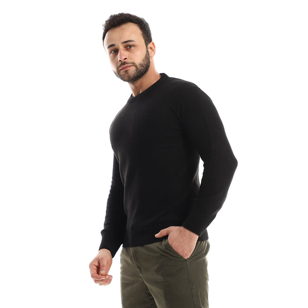 Long Sleeves Plain Black Knitted Pullover