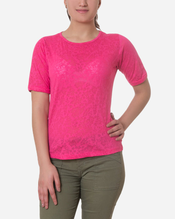 Sheer Self Pattern Short Sleeves Fluffy Tee - Hot Pink