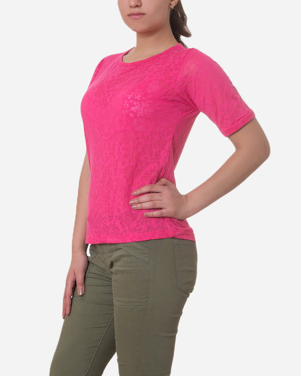 Sheer Self Pattern Short Sleeves Fluffy Tee - Hot Pink