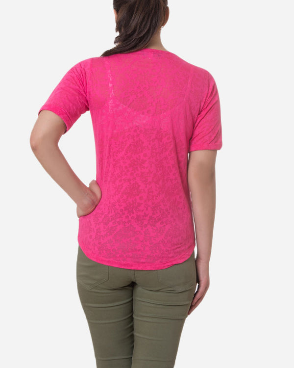 Sheer Self Pattern Short Sleeves Fluffy Tee - Hot Pink