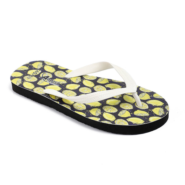 Lemon Printed Summer Flip Flops - Black & Yellow