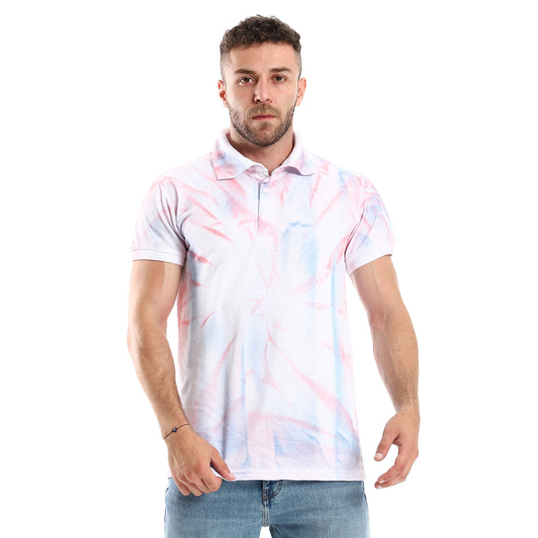 قميص بولو بأزرار صباغة ثلاثية الألوان - أبيض ، أحمر وأزرق