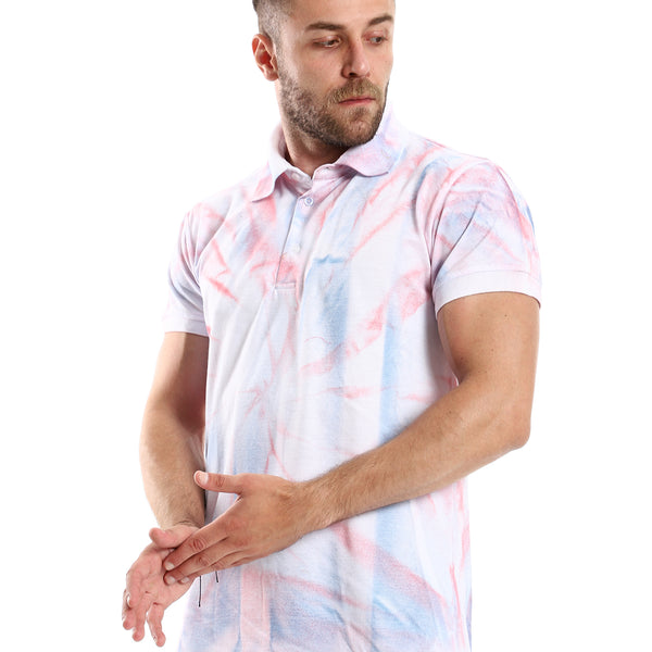 قميص بولو بأزرار صباغة ثلاثية الألوان - أبيض ، أحمر وأزرق