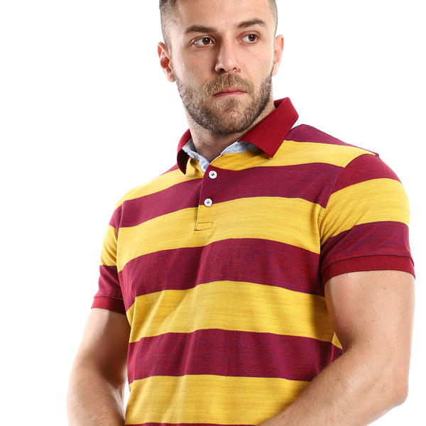 Pique Striped Buttoned Neck Polo Shirt - Burgundy & Mustard