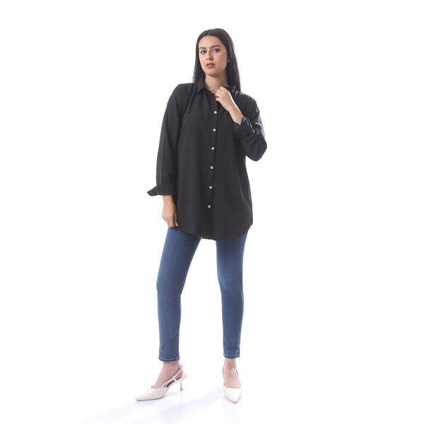 Self_Patterned_Basic_Button_Down_Shirt_With_Long_Sleeves_-_Black
