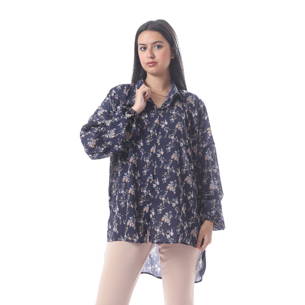 Floral_High_Low_Button_Down_Shirt_With_Puffed_Sleeves_-_Navy,_Pink_&_Orange