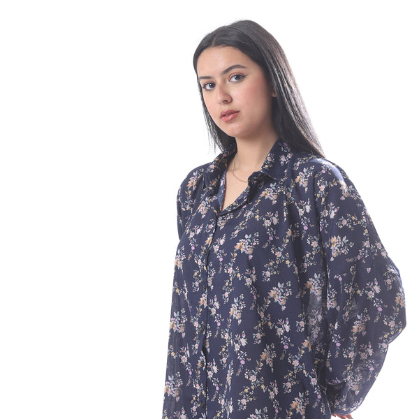 Floral_High_Low_Button_Down_Shirt_With_Puffed_Sleeves_-_Navy,_Pink_&_Orange