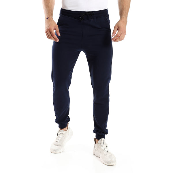 Solid Cotton Sweatpants With Hem - Navy Blue