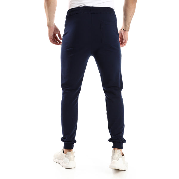 Solid Cotton Sweatpants With Hem - Navy Blue