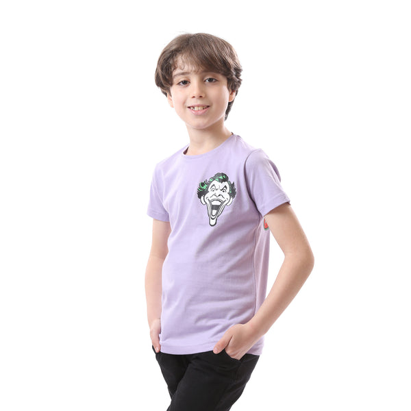 Short Sleeved Round Neck "Joker" Printed Boys Shirt - Lilac, Red & Green