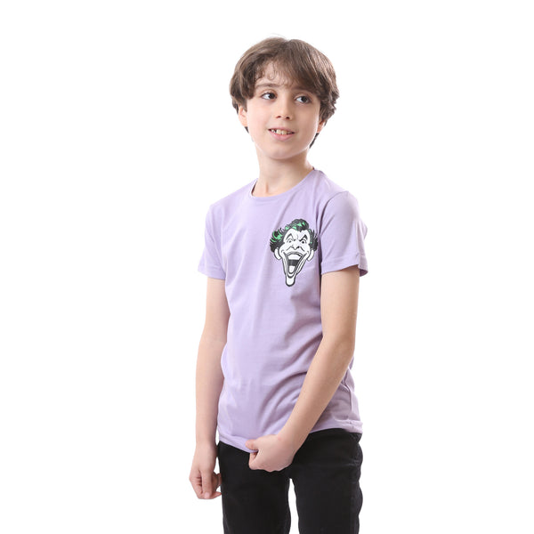 Short Sleeved Round Neck "Joker" Printed Boys Shirt - Lilac, Red & Green