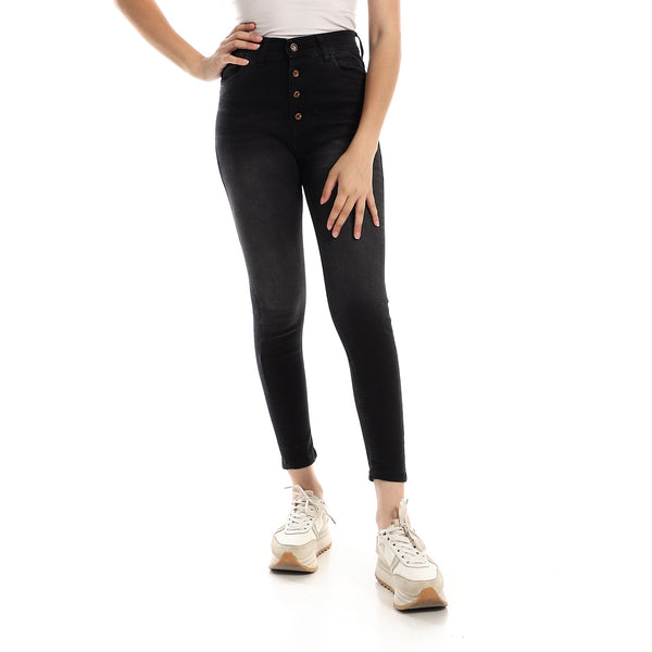 Buttons Closure High Waist Skinny Jeans - BLack