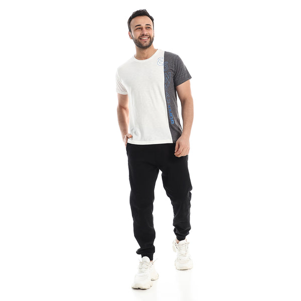 Left Odd Quarter With Stitched Letters Tee - Off-White, Grey & Blue
