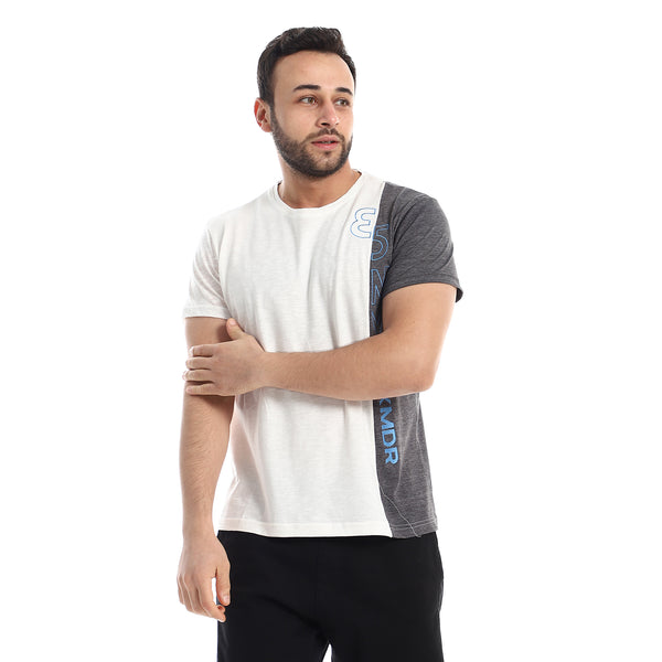 Left Odd Quarter With Stitched Letters Tee - Off-White, Grey & Blue