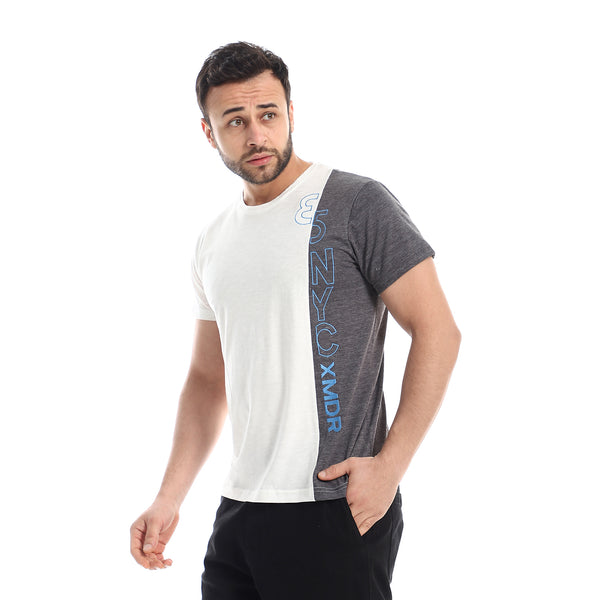 Left Odd Quarter With Stitched Letters Tee - Off-White, Grey & Blue