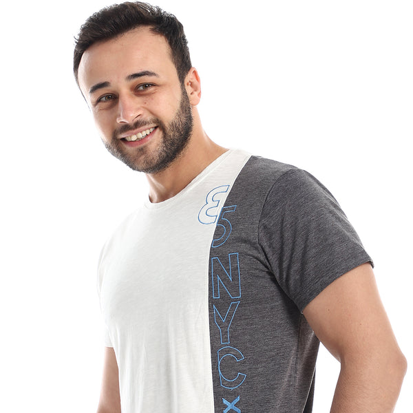 Left Odd Quarter With Stitched Letters Tee - Off-White, Grey & Blue