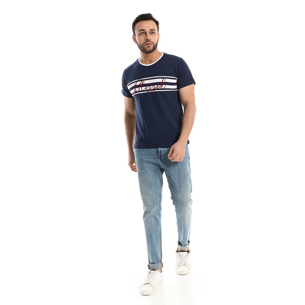 Burgundy Stitched "Blessed" Over Navy Blue & White Tee