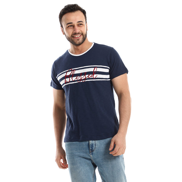 Burgundy Stitched "Blessed" Over Navy Blue & White Tee