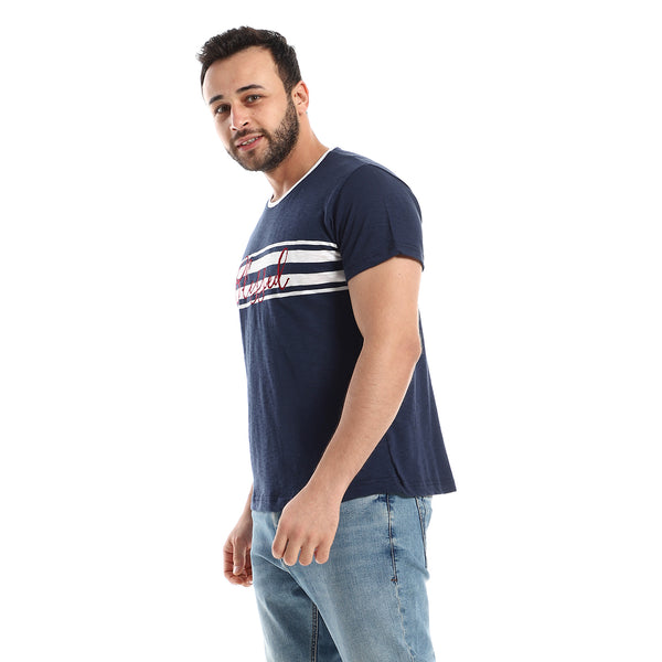 Burgundy Stitched "Blessed" Over Navy Blue & White Tee