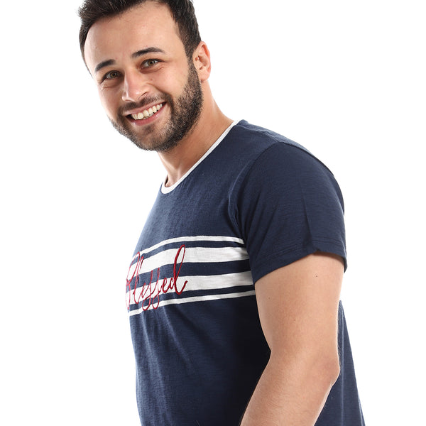 Burgundy Stitched "Blessed" Over Navy Blue & White Tee