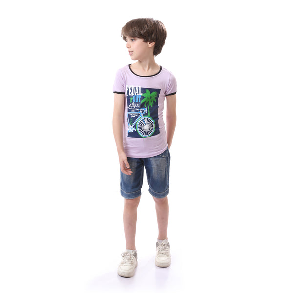 Short Sleeved Printed Round Neck Boys Tee - Lilac, Navy Blue & Green