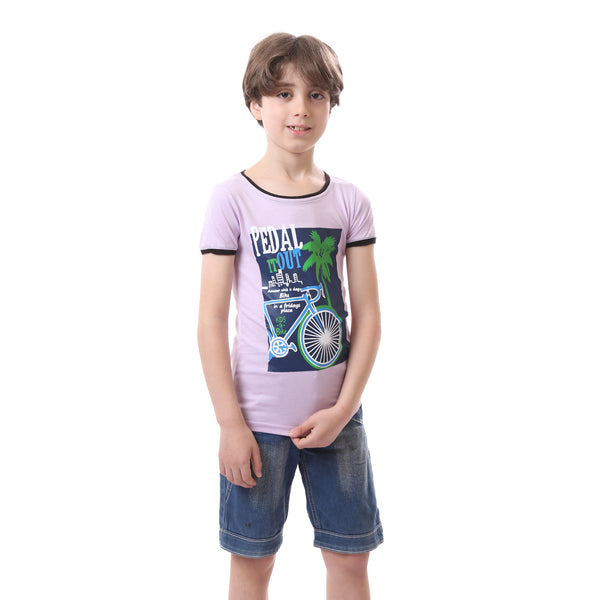 Short Sleeved Printed Round Neck Boys Tee - Lilac, Navy Blue & Green