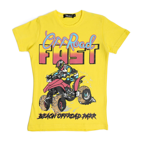 Slip On Cotton Printed Boys T-Shirt - Yellow