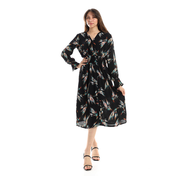 Feathers Pattern Gathered Waist Dress - Black & Turquoise