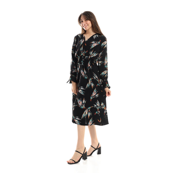 Feathers Pattern Gathered Waist Dress - Black & Turquoise