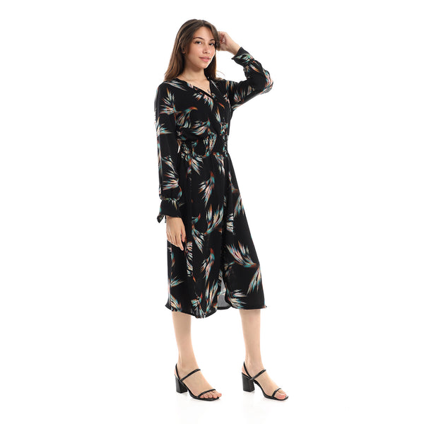 Feathers Pattern Gathered Waist Dress - Black & Turquoise