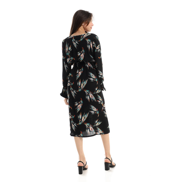 Feathers Pattern Gathered Waist Dress - Black & Turquoise