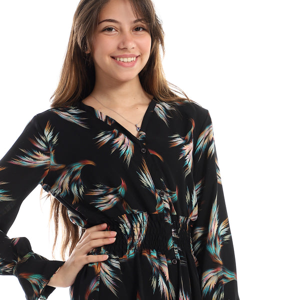 Feathers Pattern Gathered Waist Dress - Black & Turquoise