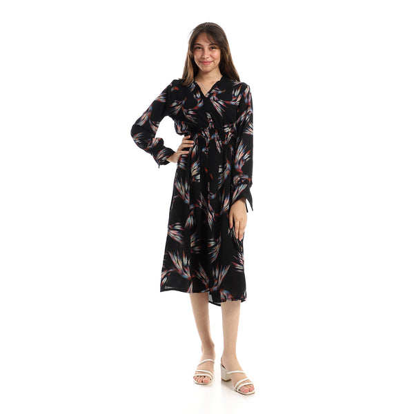 Gathered Waist Self Patterned Black, Pink & Blue Dress