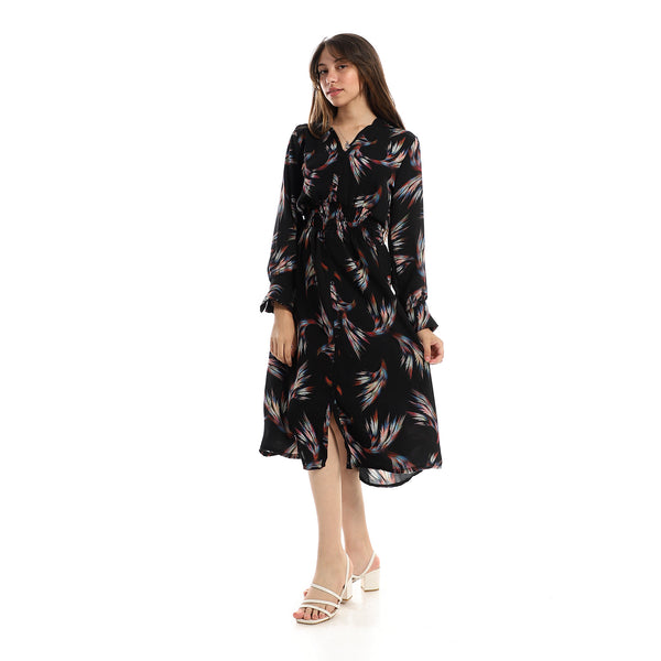 Gathered Waist Self Patterned Black, Pink & Blue Dress
