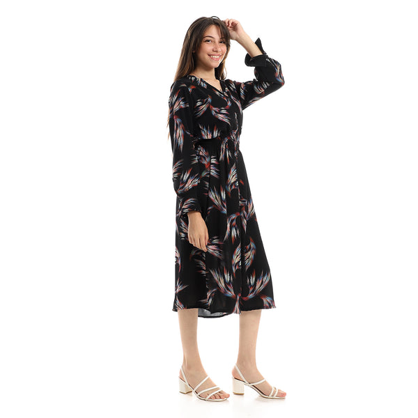 Gathered Waist Self Patterned Black, Pink & Blue Dress