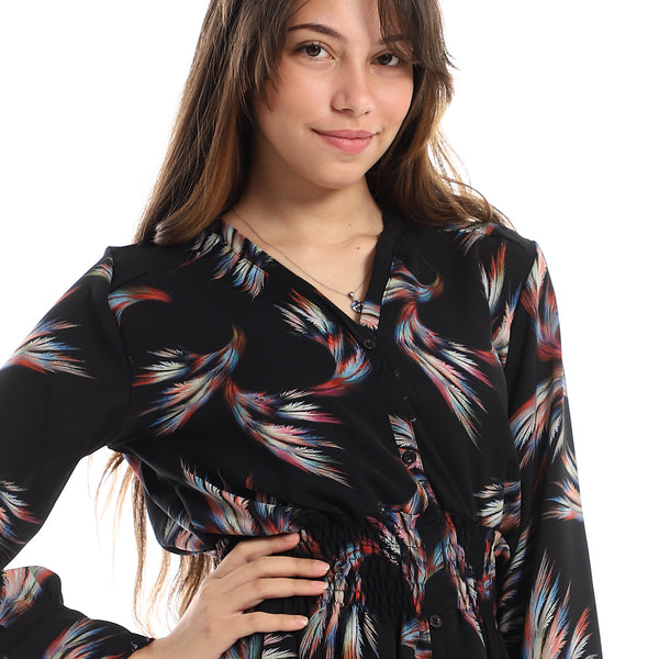 Gathered Waist Self Patterned Black, Pink & Blue Dress