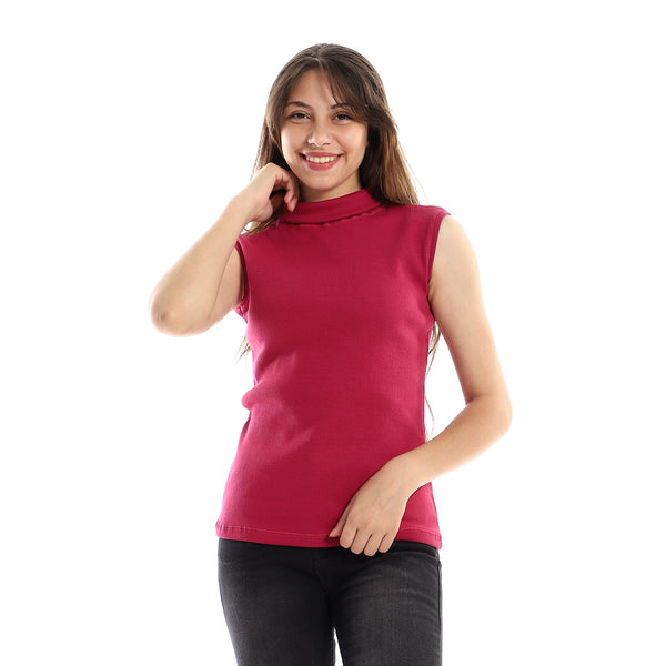 Hips Length Ful Ribbed Fuchsia High Neck Top